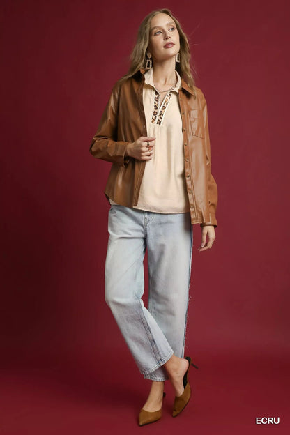 Umgee Long Sleeve Blouse with Leopard Print Trim - Bitsy Gypsy Boutique