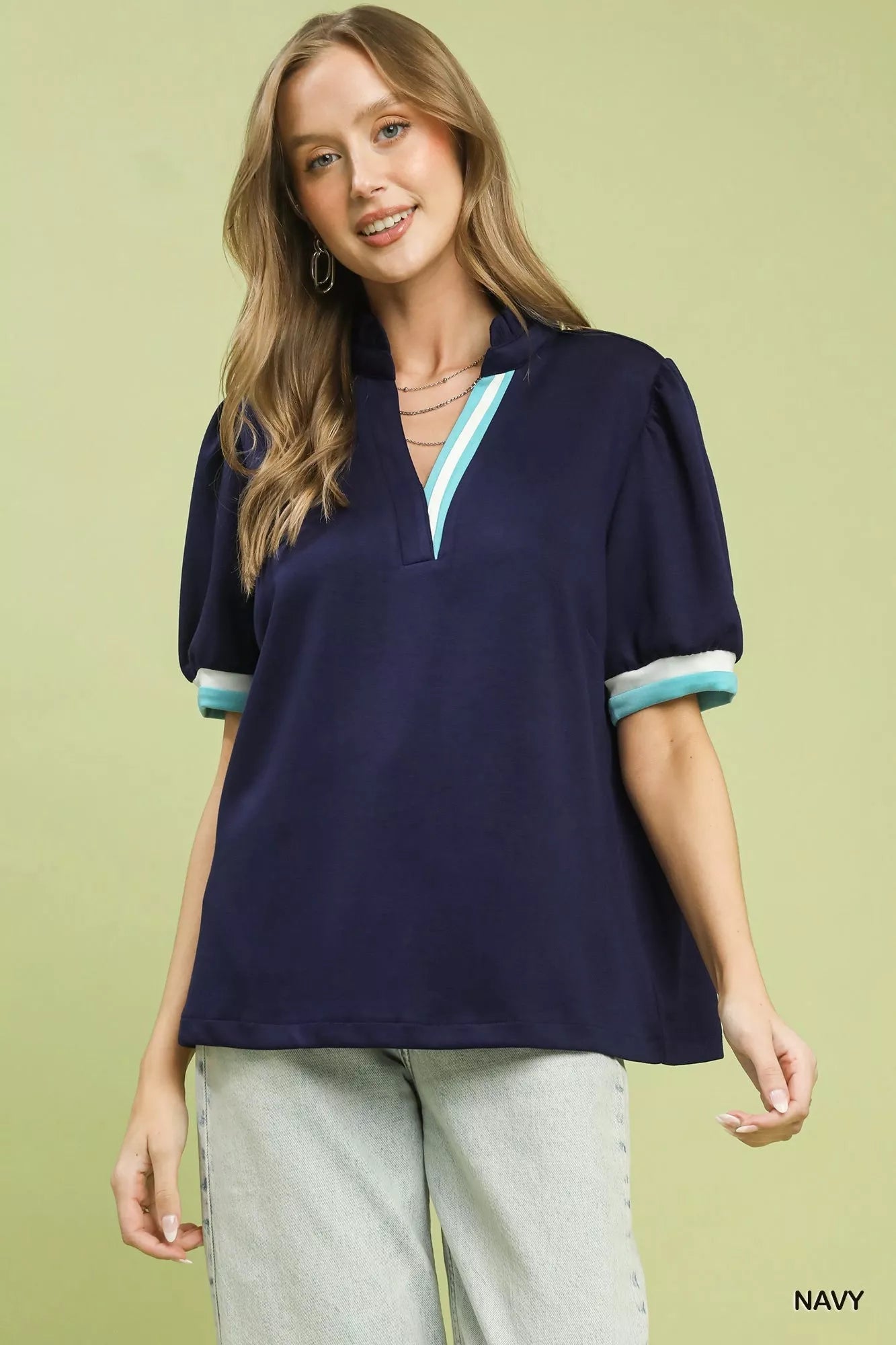Umgee Luxe knit Contrast Trim Puff Sleeve Top - Bitsy Gypsy Boutique