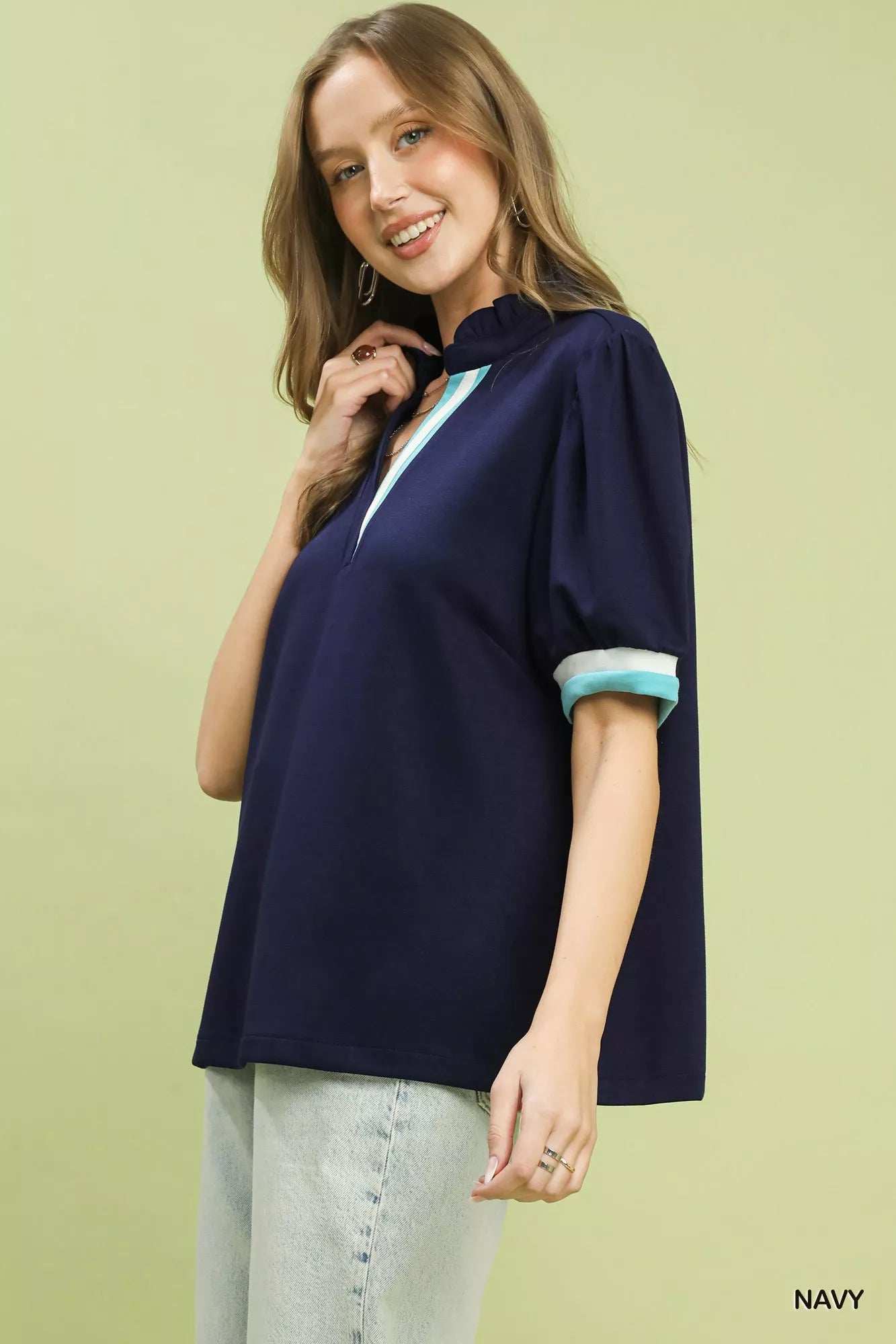 Umgee Luxe knit Contrast Trim Puff Sleeve Top - Bitsy Gypsy Boutique