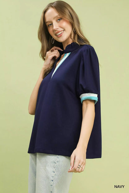 Umgee Luxe knit Contrast Trim Puff Sleeve Top - Bitsy Gypsy Boutique
