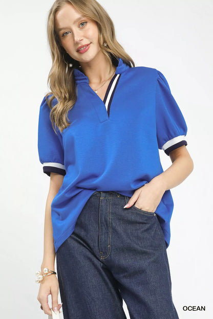 Umgee Luxe knit Contrast Trim Puff Sleeve Top - Bitsy Gypsy Boutique