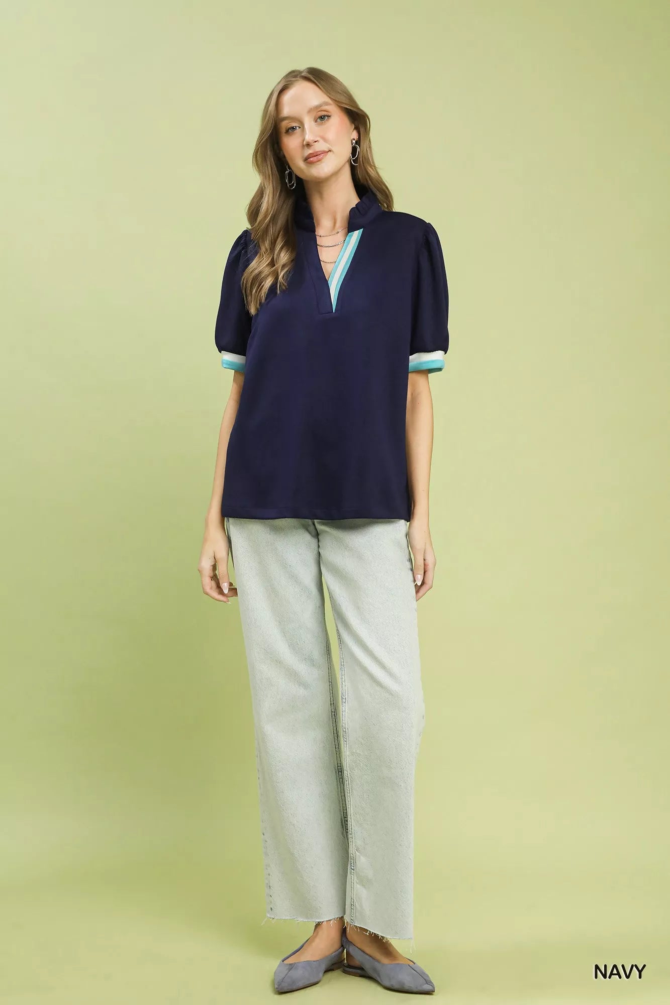 Umgee Luxe knit Contrast Trim Puff Sleeve Top - Bitsy Gypsy Boutique