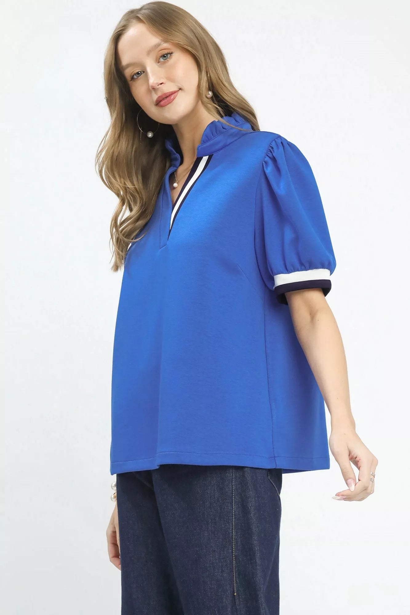 Umgee Luxe knit Contrast Trim Puff Sleeve Top - Bitsy Gypsy Boutique