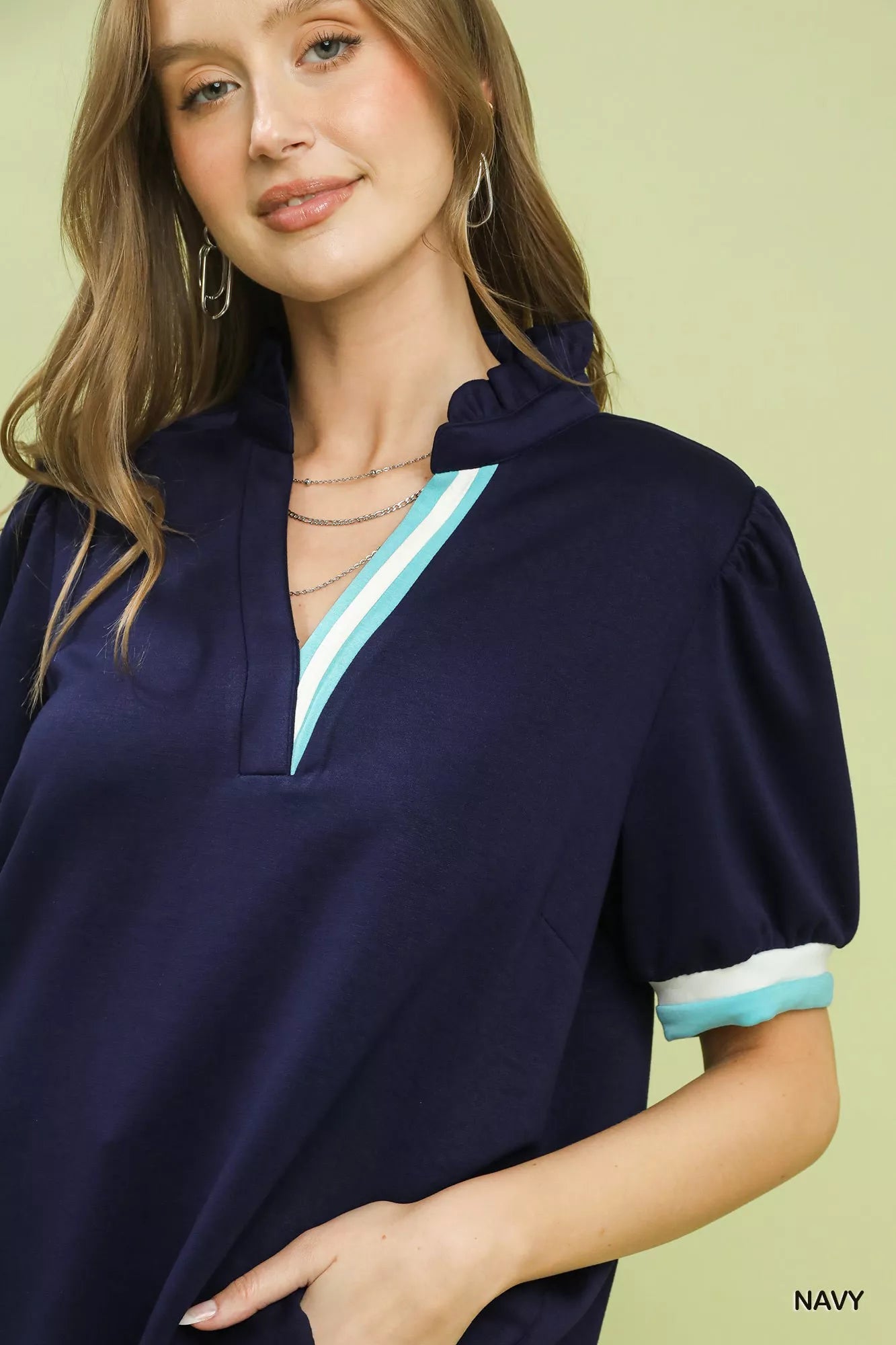 Umgee Luxe knit Contrast Trim Puff Sleeve Top - Bitsy Gypsy Boutique