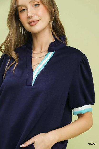 Umgee Luxe knit Contrast Trim Puff Sleeve Top - Bitsy Gypsy Boutique