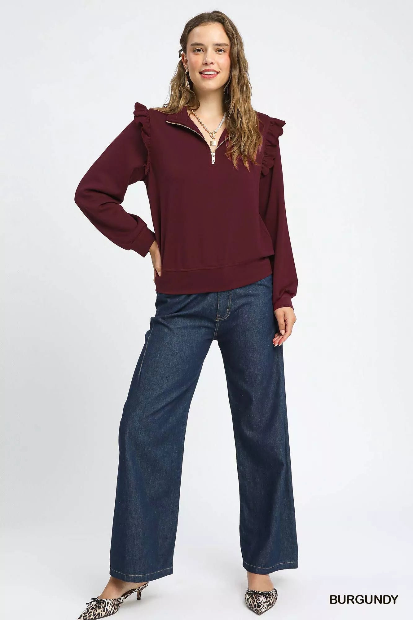 Umgee Luxeknit Ruffle Shoulder Quarter - Zip Sweatshirt - Bitsy Gypsy Boutique