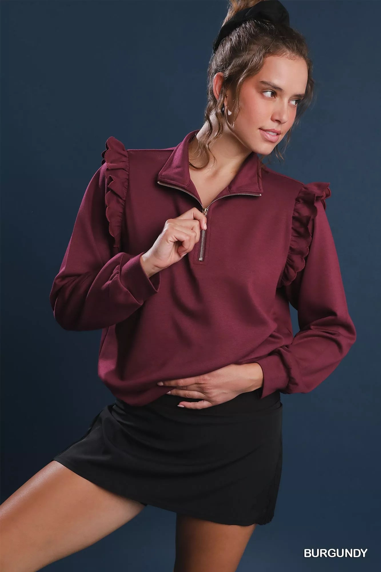 Umgee Luxeknit Ruffle Shoulder Quarter - Zip Sweatshirt - Bitsy Gypsy Boutique