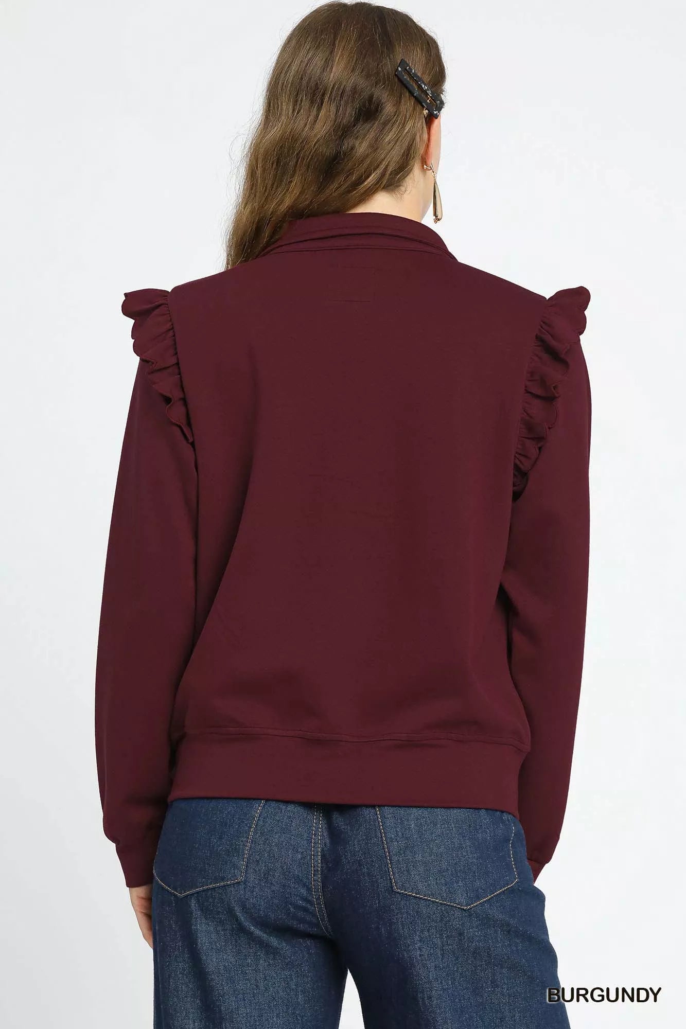 Umgee Luxeknit Ruffle Shoulder Quarter - Zip Sweatshirt - Bitsy Gypsy Boutique