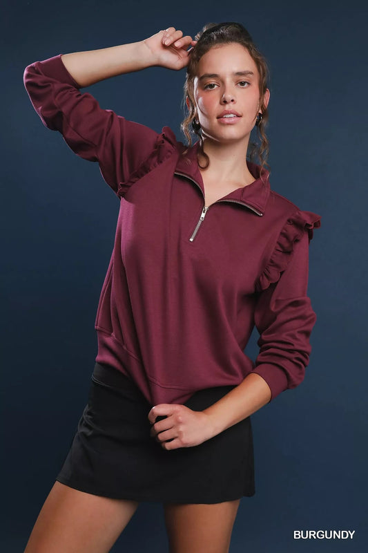 Umgee Luxeknit Ruffle Shoulder Quarter - Zip Sweatshirt - Bitsy Gypsy Boutique