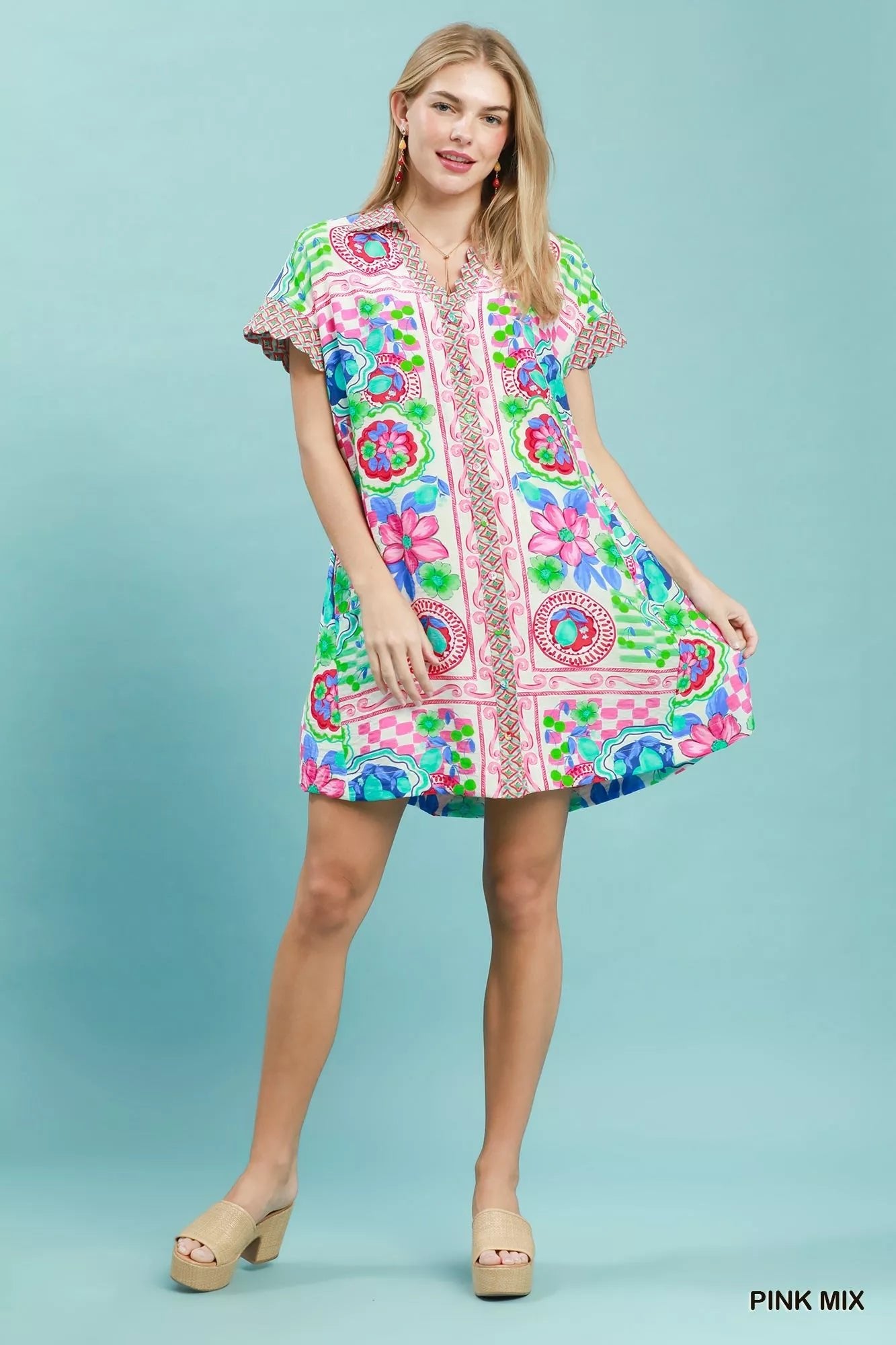 Umgee Mediterranean Print Dress with Contrast Printed Trim - Bitsy Gypsy Boutique