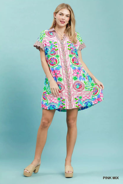 Umgee Mediterranean Print Dress with Contrast Printed Trim - Bitsy Gypsy Boutique
