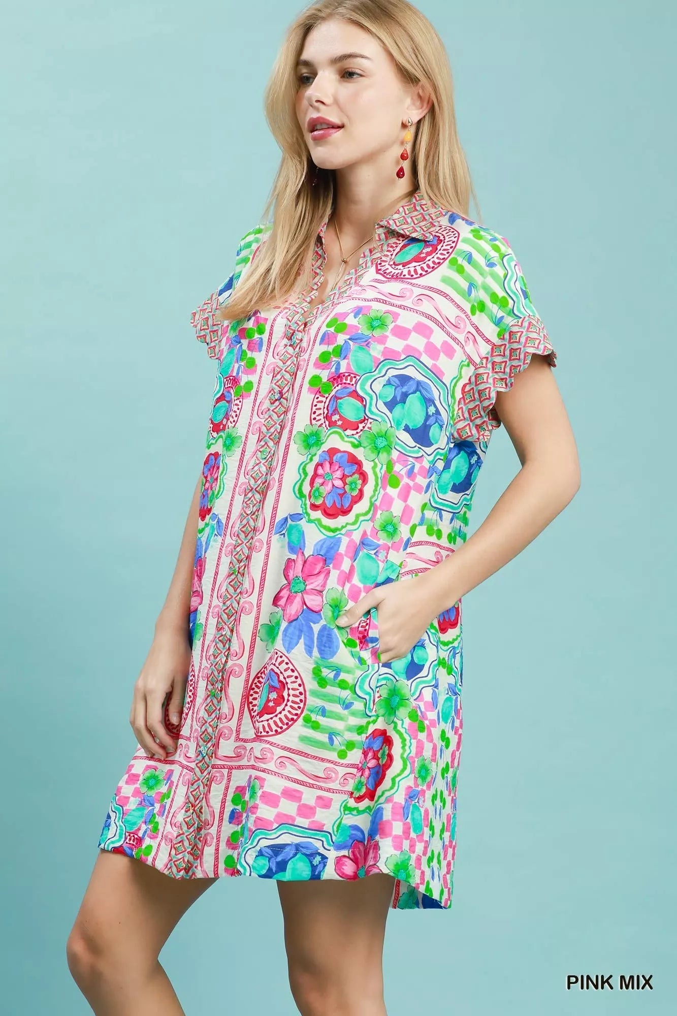 Umgee Mediterranean Print Dress with Contrast Printed Trim - Bitsy Gypsy Boutique