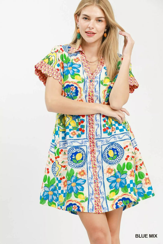 Umgee Mediterranean Print Dress with Contrast Printed Trim - Bitsy Gypsy Boutique