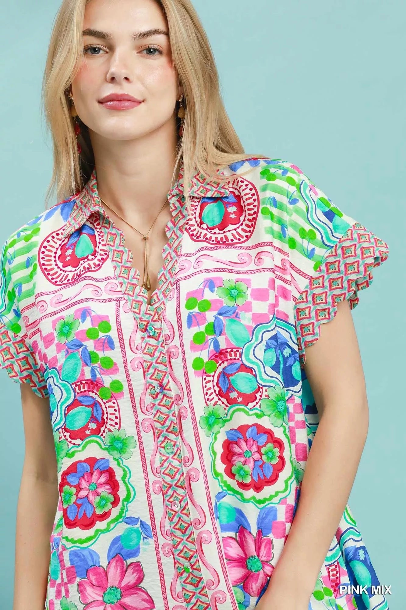 Umgee Mediterranean Print Dress with Contrast Printed Trim - Bitsy Gypsy Boutique
