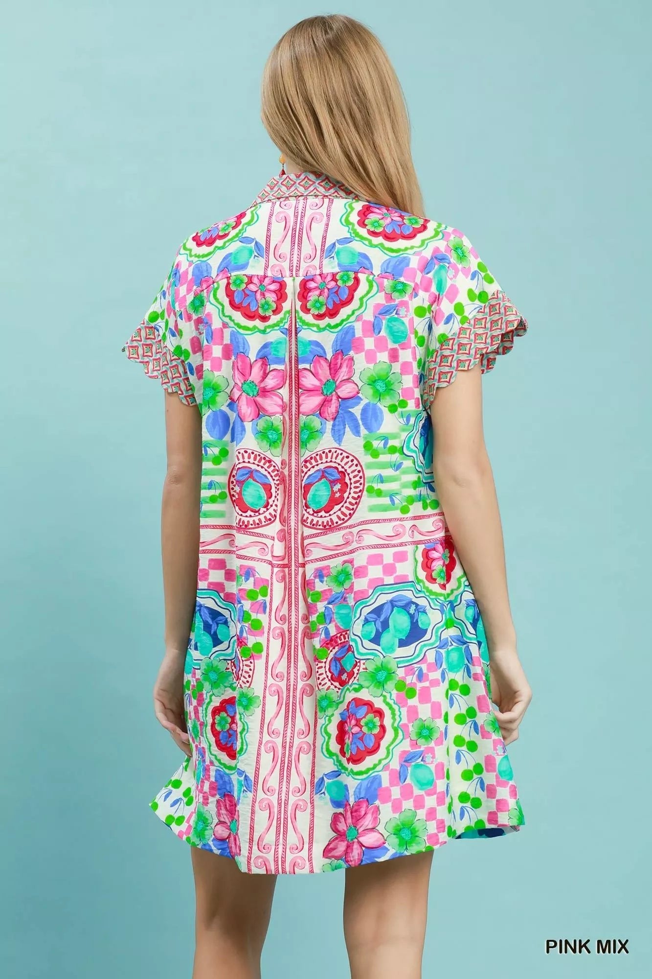 Umgee Mediterranean Print Dress with Contrast Printed Trim - Bitsy Gypsy Boutique