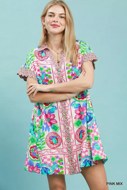 Umgee Mediterranean Print Dress with Contrast Printed Trim - Bitsy Gypsy Boutique