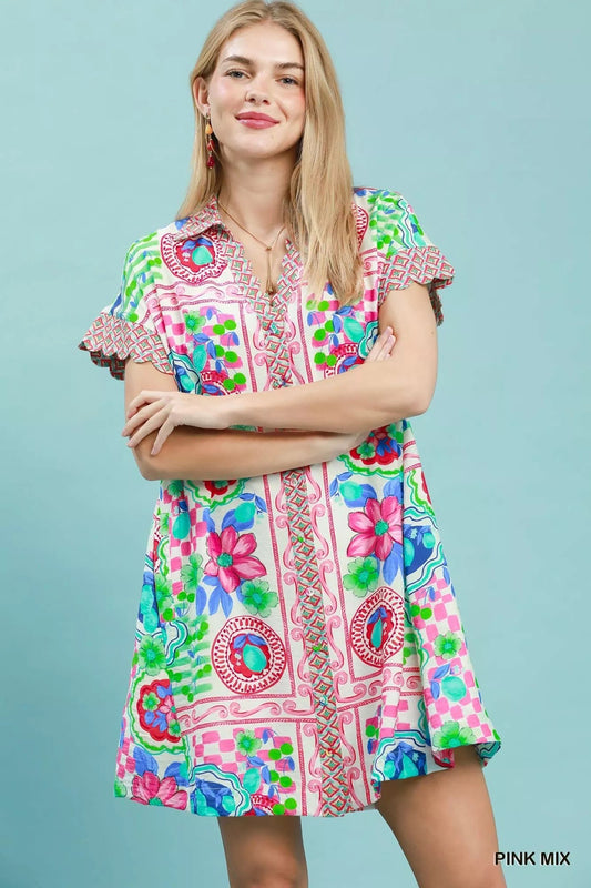 Umgee Mediterranean Print Dress with Contrast Printed Trim - Bitsy Gypsy Boutique