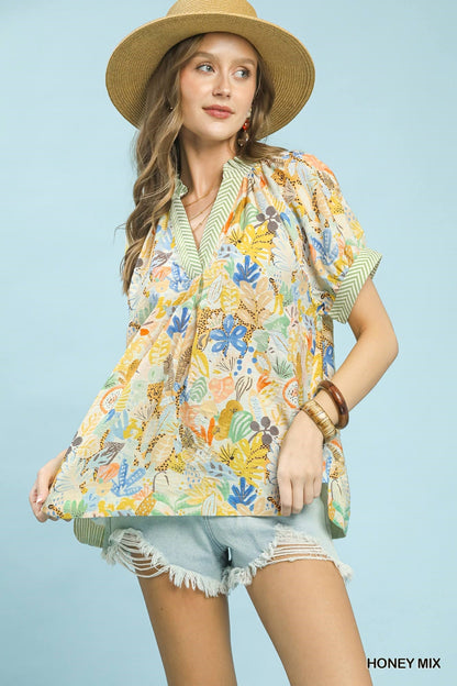 Umgee Mix Boho Printed V - Neck Top - Bitsy Gypsy Boutique