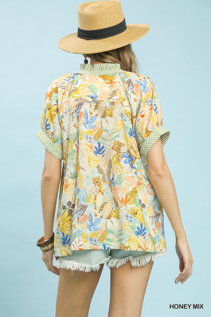 Umgee Mix Boho Printed V - Neck Top - Bitsy Gypsy Boutique