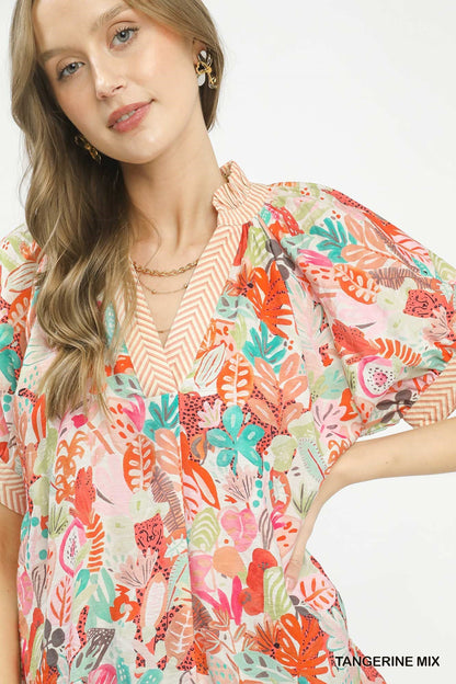 Umgee Mix Boho Printed V - Neck Top - Bitsy Gypsy Boutique
