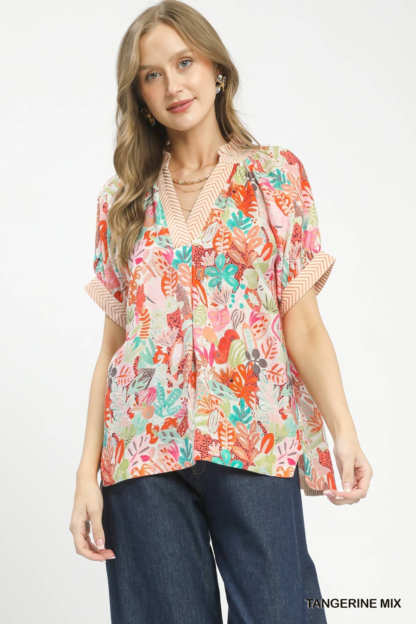 Umgee Mix Boho Printed V - Neck Top - Bitsy Gypsy Boutique
