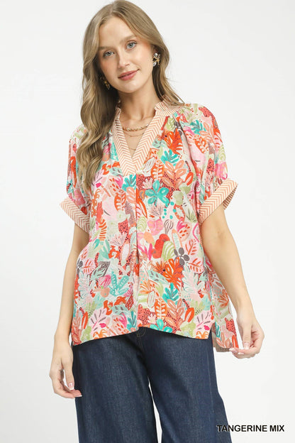Umgee Mix Boho Printed V - Neck Top - Bitsy Gypsy Boutique
