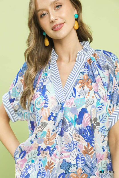 Umgee Mix Boho Printed V - Neck Top - Bitsy Gypsy Boutique