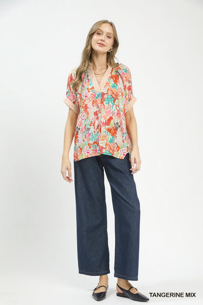 Umgee Mix Boho Printed V - Neck Top - Bitsy Gypsy Boutique