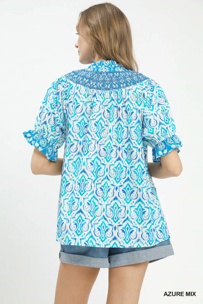 Umgee Mix Boho Puff Sleeve Smocked Top - Bitsy Gypsy Boutique