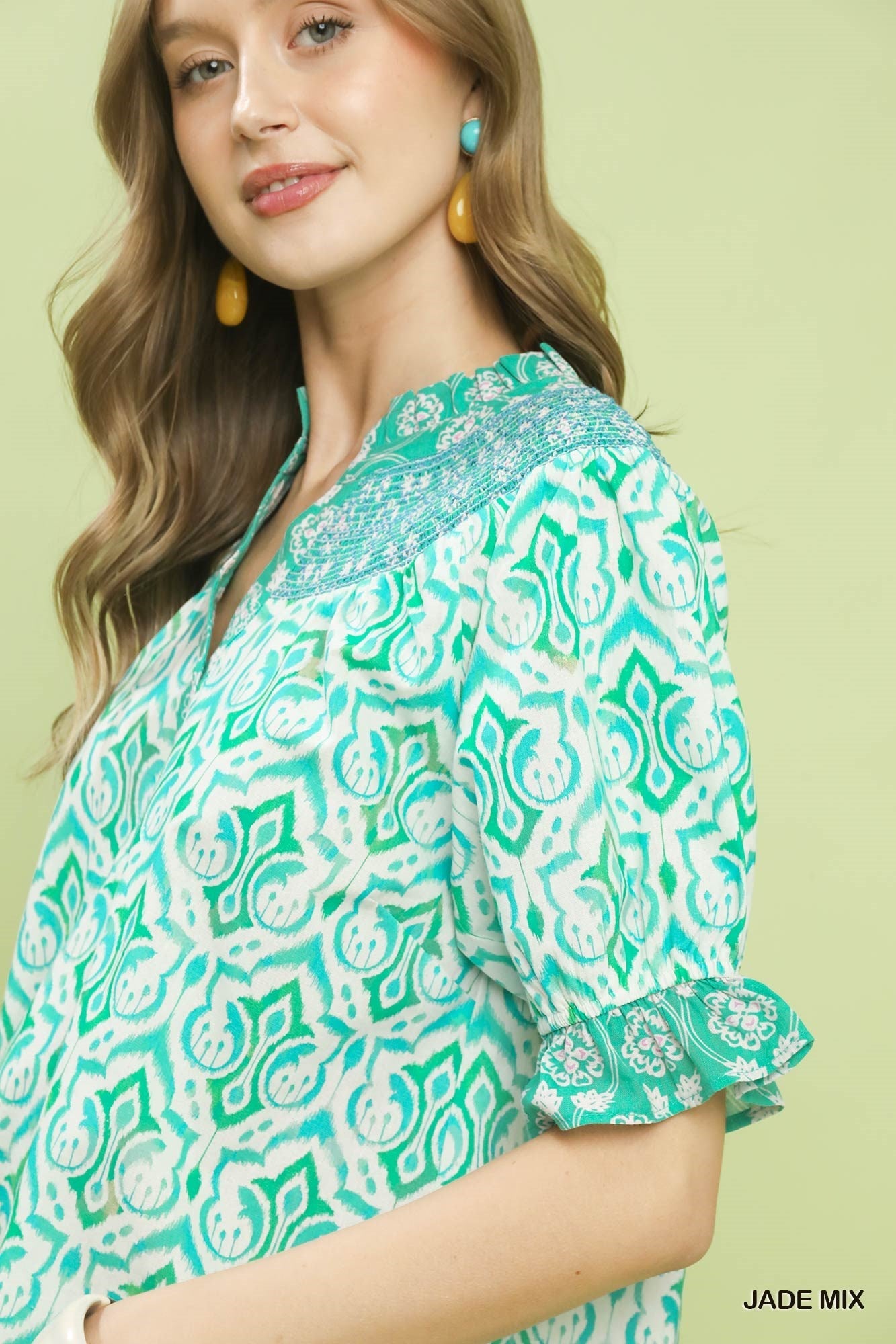 Umgee Mix Boho Puff Sleeve Smocked Top - Bitsy Gypsy Boutique