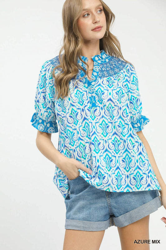 Umgee Mix Boho Puff Sleeve Smocked Top - Bitsy Gypsy Boutique