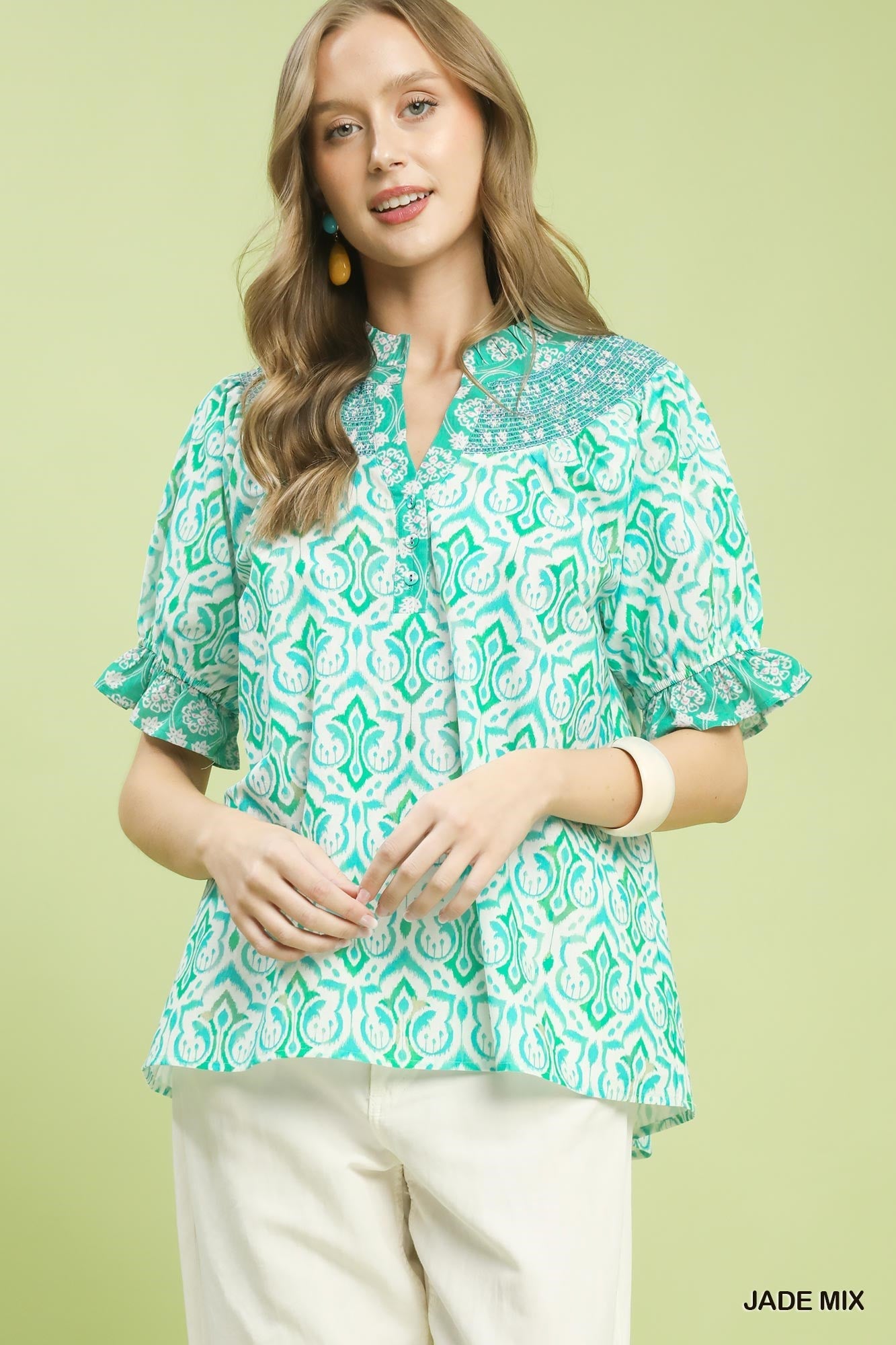 Umgee Mix Boho Puff Sleeve Smocked Top - Bitsy Gypsy Boutique