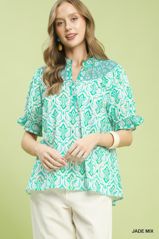 Umgee Mix Boho Puff Sleeve Smocked Top - Bitsy Gypsy Boutique