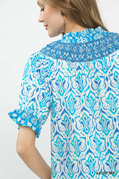 Umgee Mix Boho Puff Sleeve Smocked Top - Bitsy Gypsy Boutique