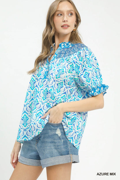 Umgee Mix Boho Puff Sleeve Smocked Top - Bitsy Gypsy Boutique