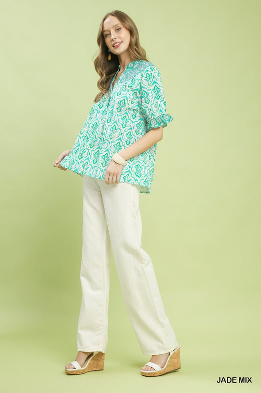 Umgee Mix Boho Puff Sleeve Smocked Top - Bitsy Gypsy Boutique