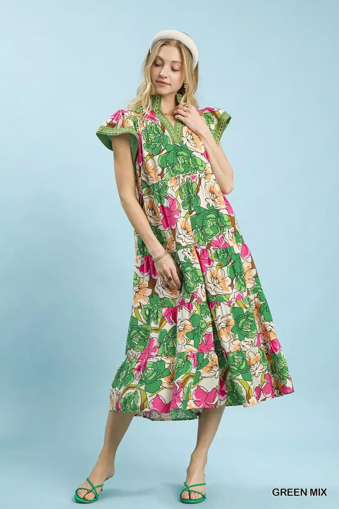 Umgee Mix Bold Floral Tiered Midi Dress - Bitsy Gypsy Boutique