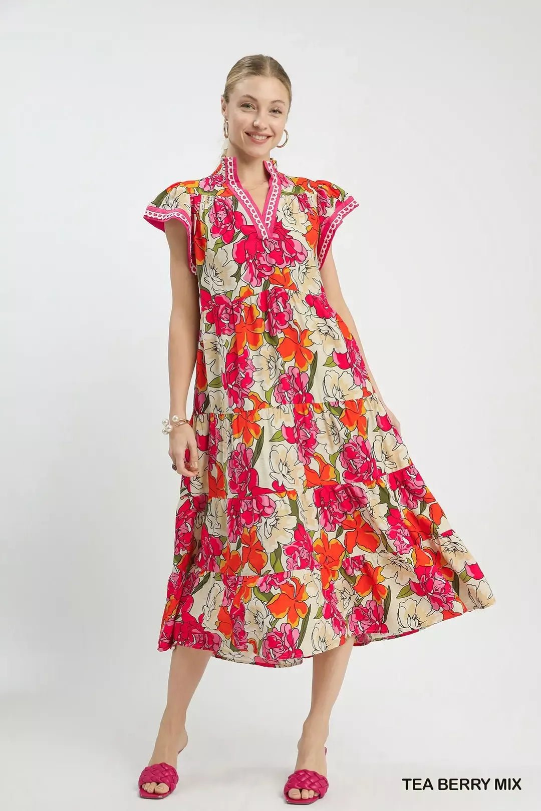 Umgee Mix Bold Floral Tiered Midi Dress - Bitsy Gypsy Boutique