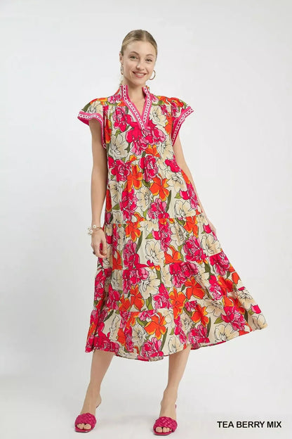 Umgee Mix Bold Floral Tiered Midi Dress - Bitsy Gypsy Boutique