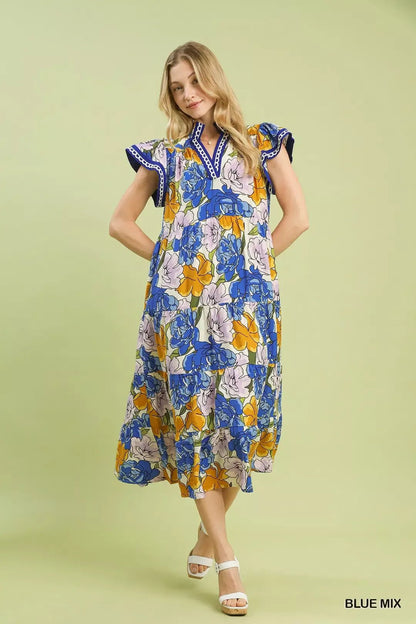 Umgee Mix Bold Floral Tiered Midi Dress - Bitsy Gypsy Boutique