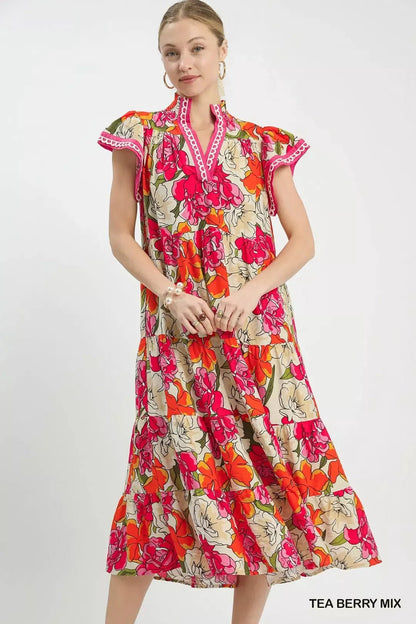 Umgee Mix Bold Floral Tiered Midi Dress - Bitsy Gypsy Boutique
