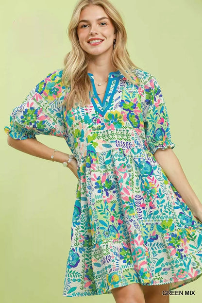 Umgee Mix Botanical Print Puff Sleeve Tiered Dress - Bitsy Gypsy Boutique