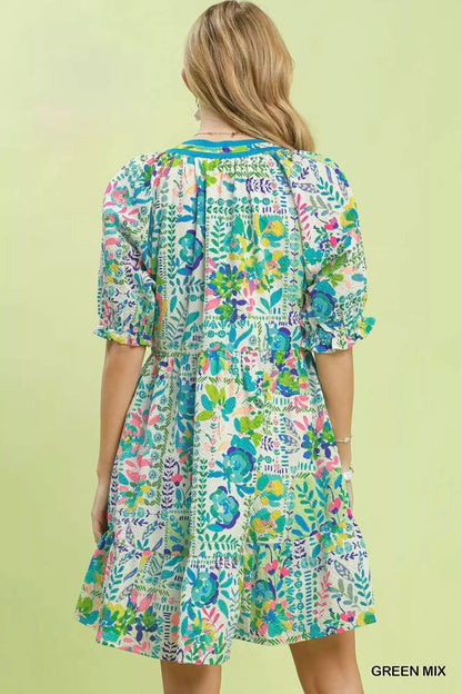 Umgee Mix Botanical Print Puff Sleeve Tiered Dress - Bitsy Gypsy Boutique