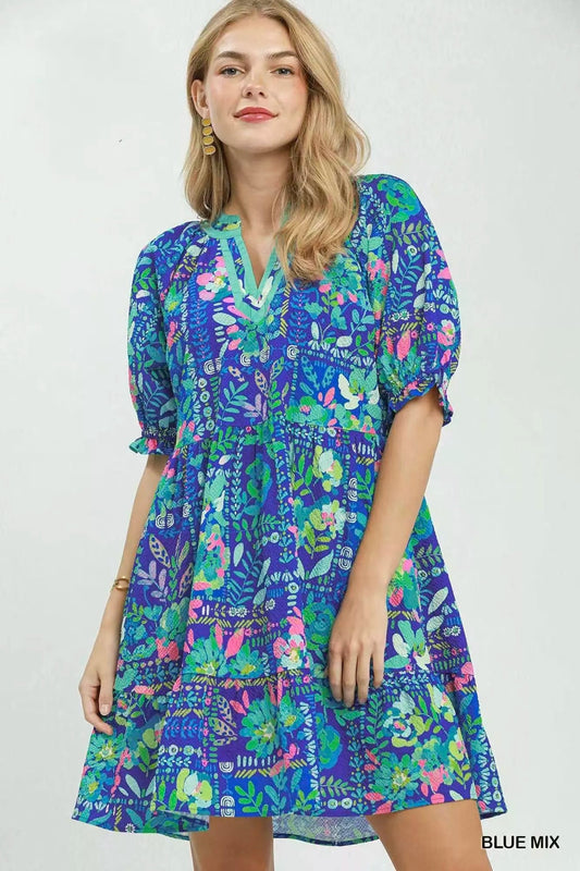 Umgee Mix Botanical Print Puff Sleeve Tiered Dress - Bitsy Gypsy Boutique