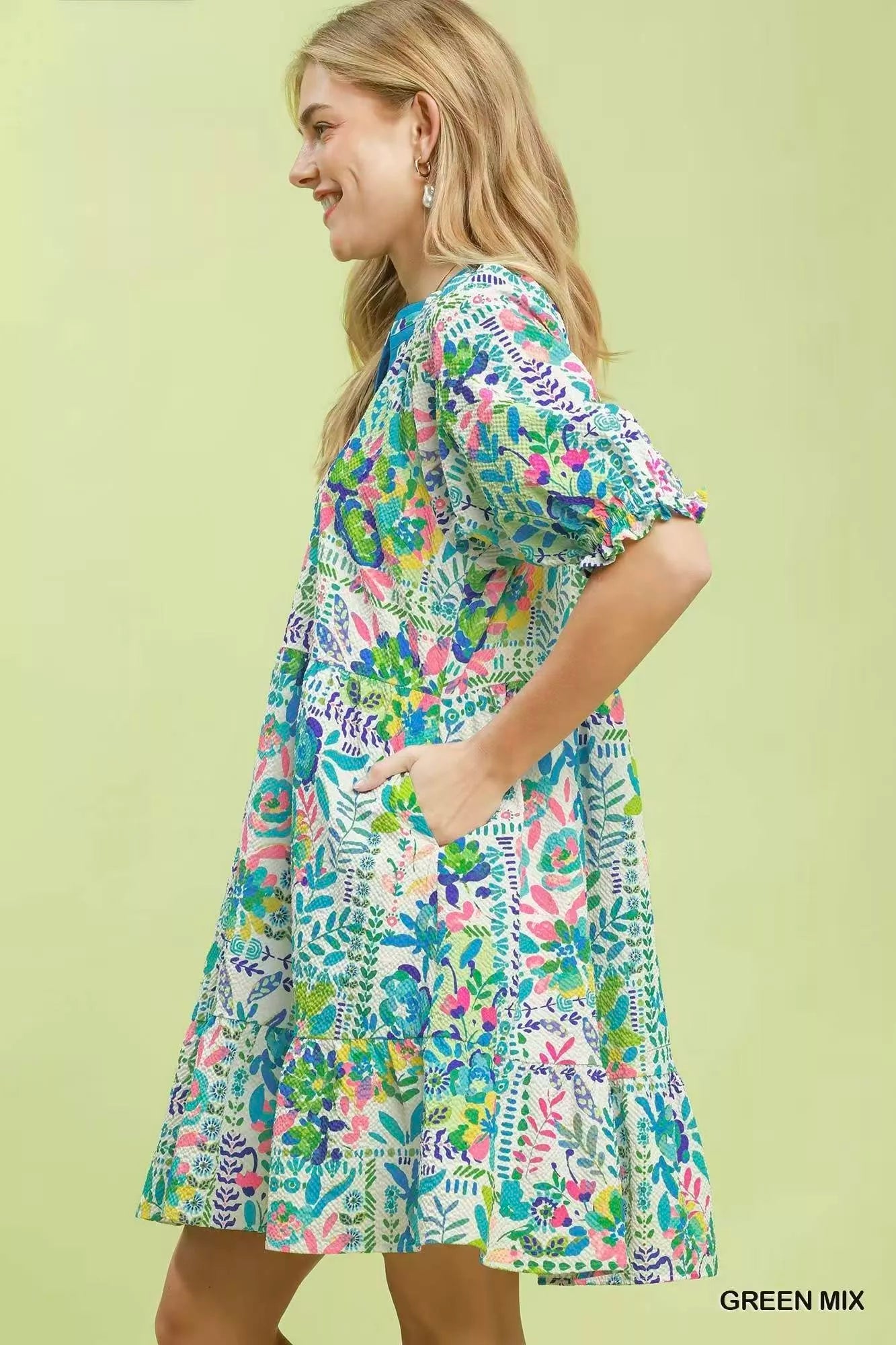 Umgee Mix Botanical Print Puff Sleeve Tiered Dress - Bitsy Gypsy Boutique