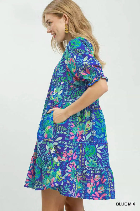 Umgee Mix Botanical Print Puff Sleeve Tiered Dress - Bitsy Gypsy Boutique