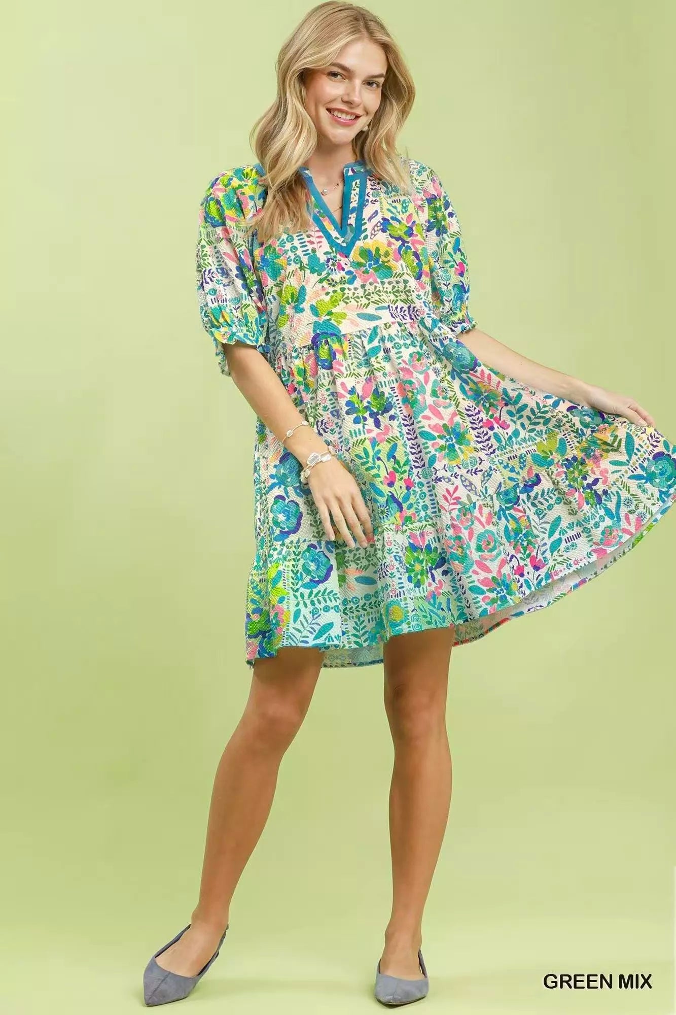 Umgee Mix Botanical Print Puff Sleeve Tiered Dress - Bitsy Gypsy Boutique