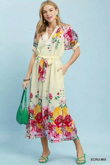 Umgee Mix Floral Border Print Midi Dress - Bitsy Gypsy Boutique