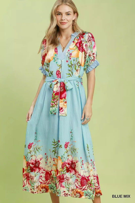 Umgee Mix Floral Border Print Midi Dress - Bitsy Gypsy Boutique