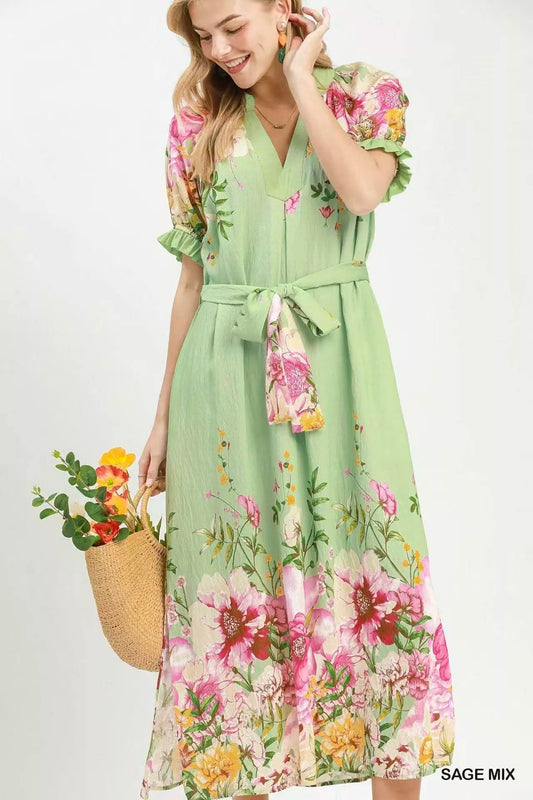 Umgee Mix Floral Border Print Midi Dress - Bitsy Gypsy Boutique